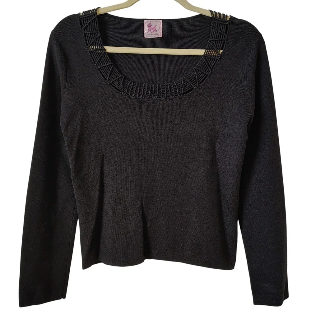 Vintage‎ Pink Poodle Womens Top Black Knit Rope Detail Long Sleeve Trendy